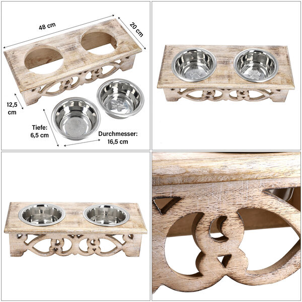 NAKKASHI Haustier-Futternapf aus Mangoholz mit 2 Edelstahl-Sch&uuml;sseln image number 4