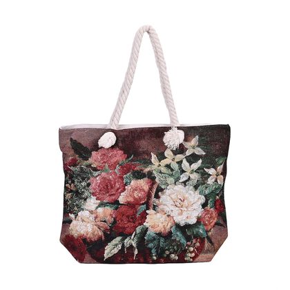 Jacquardgewebte Tasche aus Jute mit Futter, Rei&szlig;verschluss und verstellbarer Kordel Riemen, 42 x 37 x 34 cm, Blumenstrau&szlig;