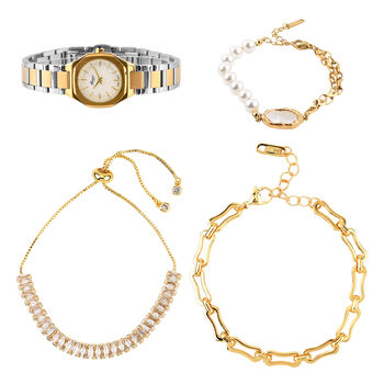 GENOA - Wei&szlig;er Zirkonia, Wei&szlig;es Perlmutt Schmuckset 316L Edelstahl Bicolor, 316L Edelstahl IP-Gelbbeschichtung, Nickelfreies Messing IP-Gelbbeschichtung und Legierung Bicolor