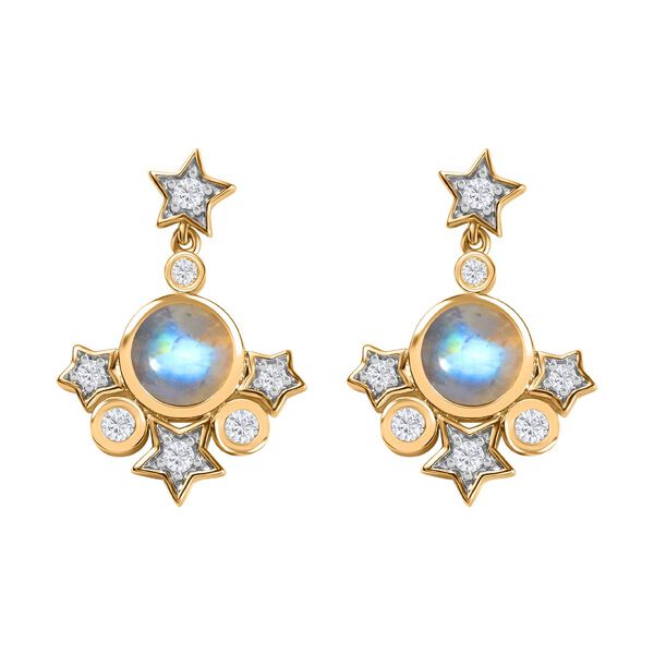 GP Celestial Kollektion - AA Regenbogen Mondstein, Moissanit Ohrringe 925 Silber 750 Gelbgold Vermeil ca. 5.42 ct