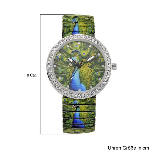 STRADA - Armbanduhr mit Pfaumotiv, Kristall-L&uuml;nette, Japanisches Uhrwerk, Edelstahlzugband, Reiner Edelstahl image number 8