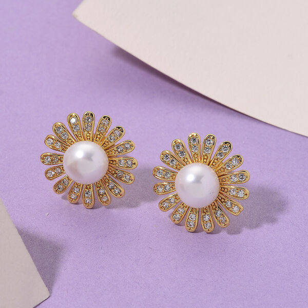 Lila S&uuml;&szlig;wasser Perle (7-9 mm), Wei&szlig;er Zirkonia Ohrringe Nickelfreies Messing vergoldet image number 2