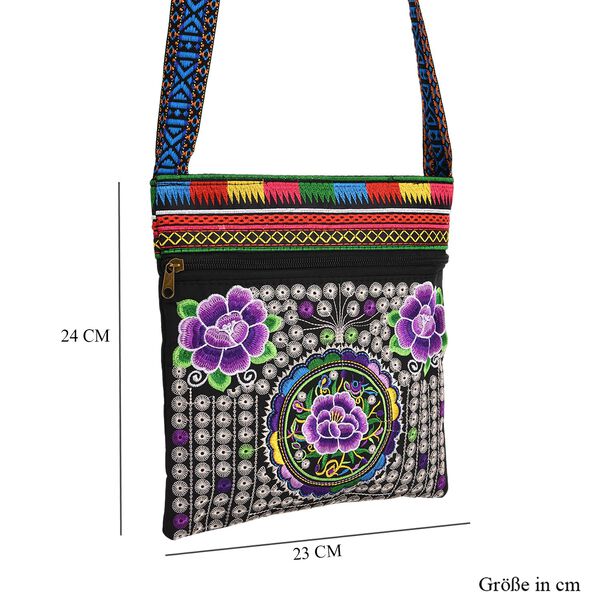 Crossbody-Tasche mit floraler Stickerei, ethnischem Boho-Muster, 23&times;24 cm, Schwarz mit Lila-Motiven image number 7