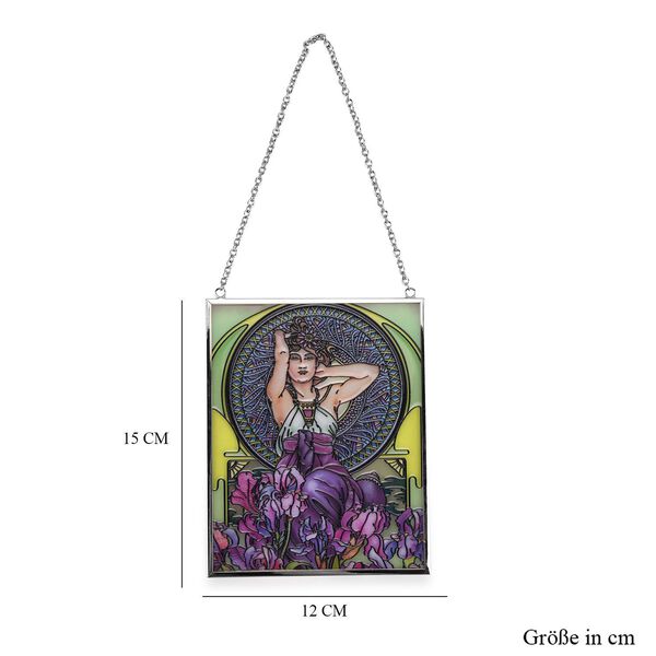 Handbemalter Glas Suncatcher mit Kette, silberfarbenem Rahmen, Alphonse Mucha Motiv Iris, 12x15 cm image number 6