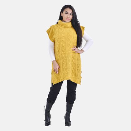 LA MAREY - gestrickter Halskragen Poncho mit Fransen, One Size, Gelb