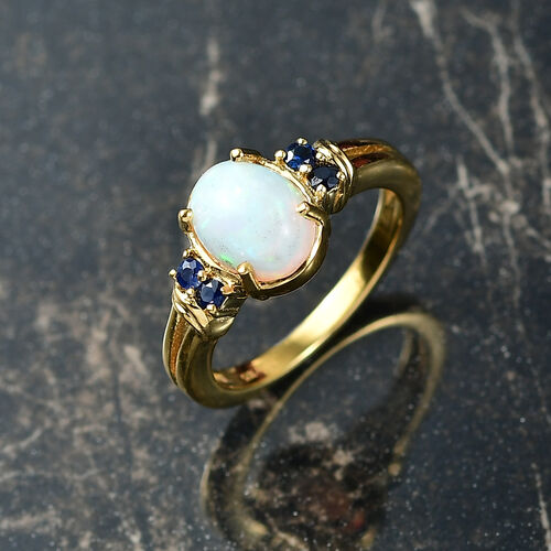 D'Joy AA Natürlicher, äthiopischer Welo Opal, Blauer Saphir Ring 925 Silber vergoldet (Größe 17.00) ca. 1,38 ct image number 1