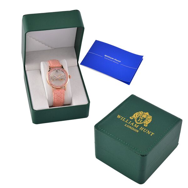 William Hunt Automatik-Uhr, Hohles Zifferblatt mit wei&szlig;en Kristallen, rosa Lederarmband, 5ATM wasserdicht image number 8