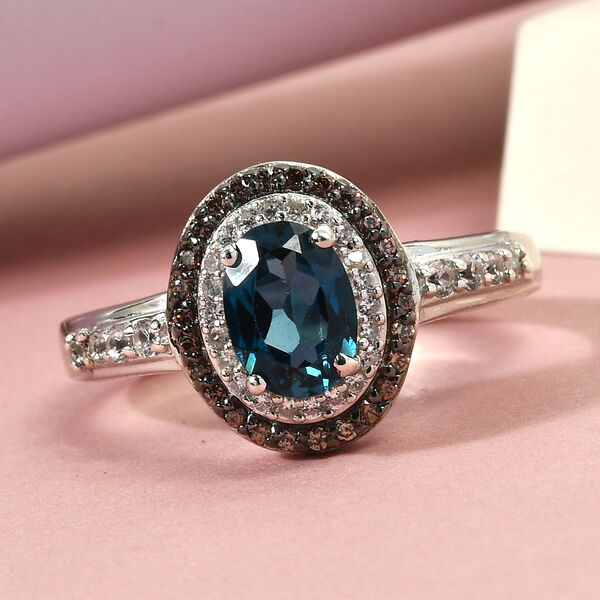 London Blau Topas und Zirkon Ring 925 Silber platiniert  ca. 1,24 ct image number 2