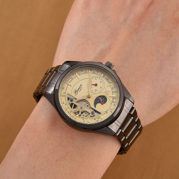GENOA TIME V2 - Automatik-Armbanduhr, Mechanisches Uhrwerk, Edelstahlarmband, Schwarz-Goldfarben, Beigefarbenes Zifferblatt image number 2