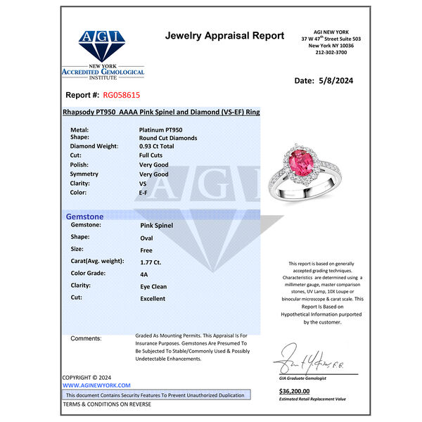 Chairman's Vault Collection - zertifiziert und gepr&uuml;ft RHAPSODY AAAA Rosa Spinell und VS Diamant Ring in 950 Platin - 2,70 ct. image number 6