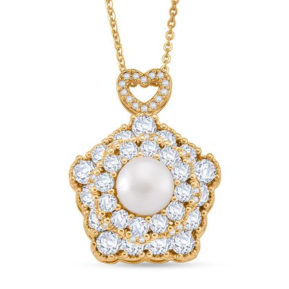 Wei&szlig;e S&uuml;&szlig;wasser Perle (8-10 mm), Wei&szlig;er Zirkonia Schmuckset ca. 50 cm + 5 cm Extender, Nickelfreies Messing, Reines Kupfer vergoldet