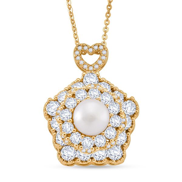 Weiße Süßwasser Perle (8-10 mm), Weißer Zirkonia Schmuckset ca. 50 cm + 5 cm Extender, Nickelfreies Messing, Reines Kupfer vergoldet image number 0