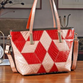 Chaos by Elsie Echtleder Shopper mit RFID, geometrisches Rauten Patchwork im 3D Würfel Look, Schlangenprägung mit Hochglanz Optik, 30 x 14 x 27 cm, Rot Rosé