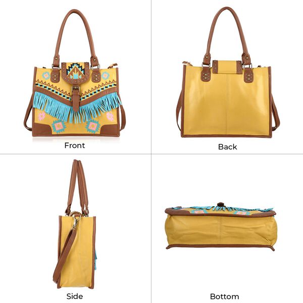 Handgefertigte Umhängetasche aus Echtleder mit Stickerei, Fransen und geometrischem Muster, Magnetverschluss, 28x24x18cm, Gelb-Braun image number 5