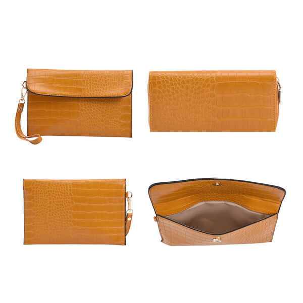 Passage - 4er-Set, Handtasche, Crossbody Tasche, Clutch und Brieftasche mit Kroko-Prägung, Blumenmuster, Senfgelb image number 6