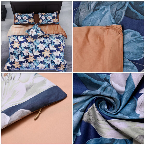 SERENITY NIGHT: 3er-Set - Seidensteppdecke und 2 Kissenbezüge, Blumenmuster, Dunkelblau und Caffe Latte  image number 5