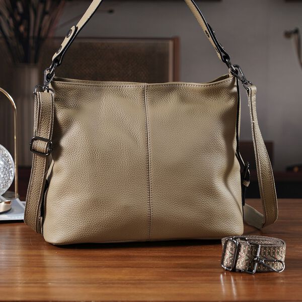 Crossbody Tasche mit 3 Tragevarianten, Echtleder, 32x12x25cm, Riemen 130cm, Hellkhaki image number 2