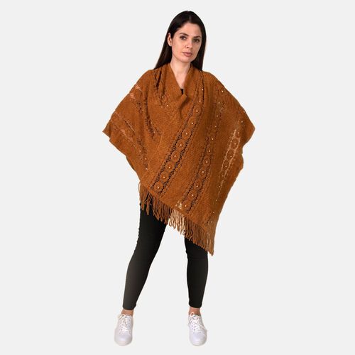 TAMSY- Strick-Poncho mit Perlen, Braun image number 0