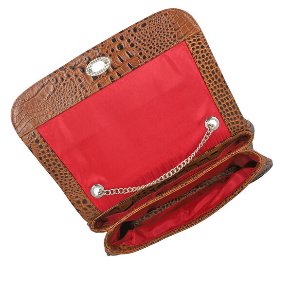 Umhängetasche aus echtem Leder mit Kroko-Prägung und Kettenriemen, Braun image number 6