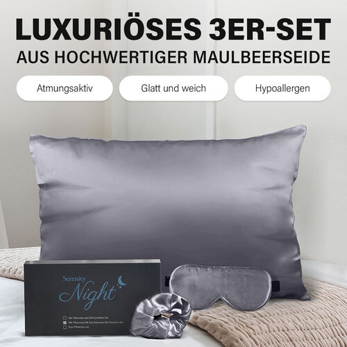 SERENITY NIGHT: 3er-Set Kissenbezug, Haargummi und Augenmaske, Grau image number 1
