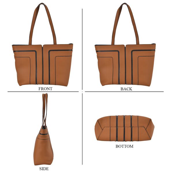 lifestyle-Color:Brown with black size/Profile: Tote bag:wall(exterior);Genuine Leather. Lining(interior):polyester  Pockets(exterior):zipped-1;(interior):Zipped-2 slip-1.Measurement(cm):  L:32*W12*H28cm.Hand strap 27cm Closure Type:zipped.zipped type: Met image number 3