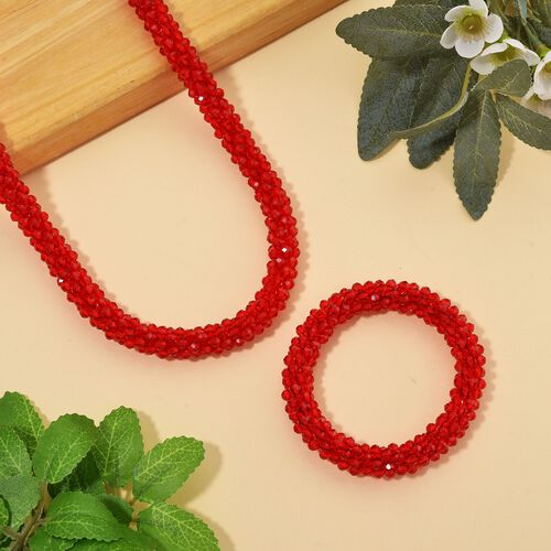 2er Set - Roter Kristall Halskette und Armband, flexibel image number 1