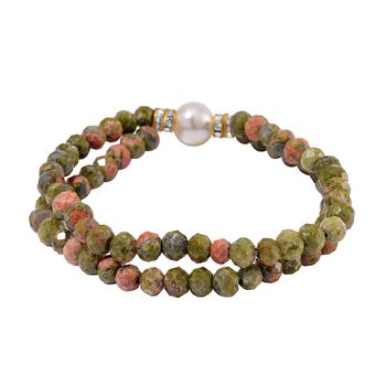 Muschelkernperle-Armband mit Unakit und Wei&szlig;em Kristall, flexibel, vergoldet