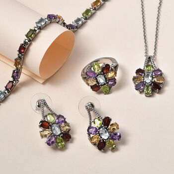 5er Set- Mehrfarbiger Armband, Ohrringe, Anh&auml;nger mit Kette (ca. 50 cm) und Ring (Gr&ouml;&szlig;e 19.00), Schmuckset, Reiner Edelstahl ca. 22.40 ct