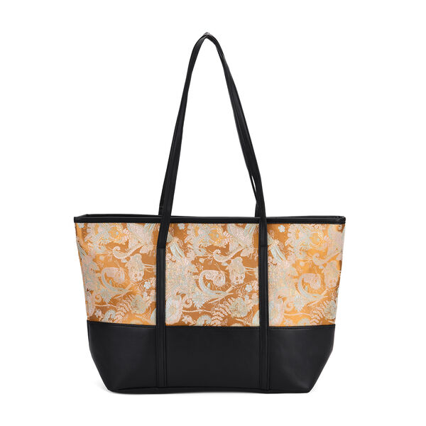 Libellenmuster-Tote-Bag, große Kapazität, mit Reißverschluss und Innentasche, 48x29x14 cm, Polyester mit PU-Leder, Gelb