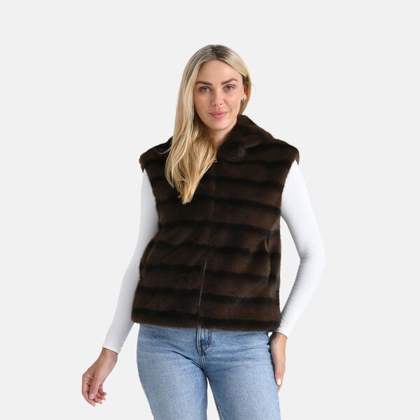 Weste mit Kapuze aus Webpelz, Gr&ouml;&szlig;e S-M, Dunkelbraun