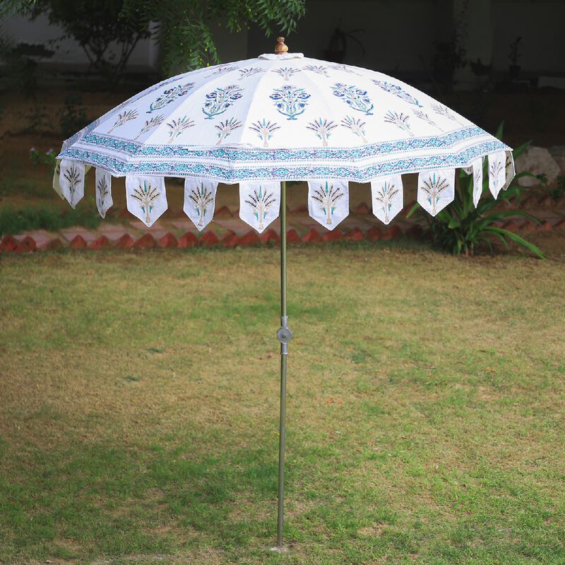 Sonnenschirm aus 100% Baumwolle mit Blockdruck, Weiß-Türkis  image number 0