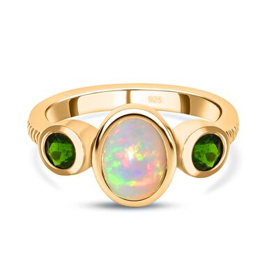 Natürlicher, äthiopischer Opal und Chromdiopsid-Ring, 925 Silber vergoldet  ca. 1,38 ct