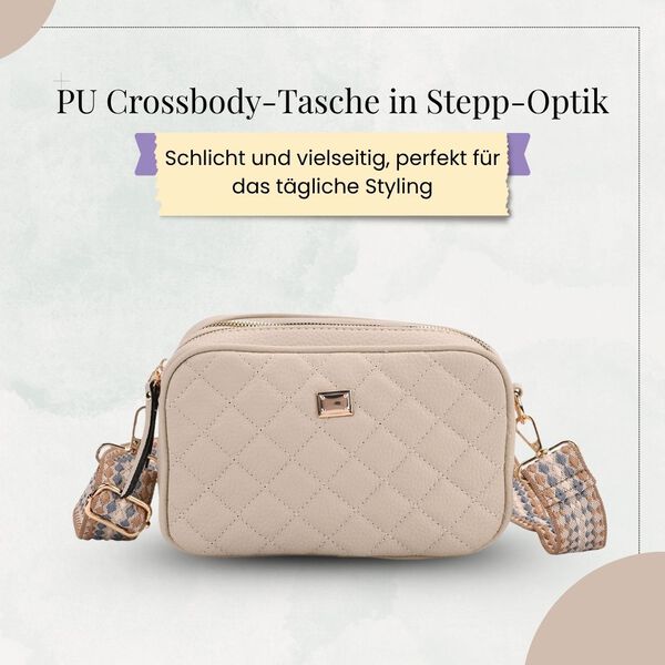 Crossbody-Tasche in Stepp-Optik mit abnehmbarem ethnischem Gurt, 21x13x7,5cm, Beige image number 2