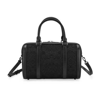 LA MAREY Signature - Seiden-Brokat Tasche mit Leder, 30x18x15 cm, Schwarz