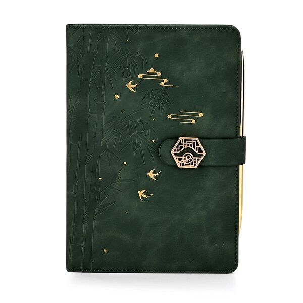 LIVMORE 2er-Set A5 Notizbuch mit Stift, Umschlag mit Magnetverschluss, Bambus-Motiv, Nationaler Landschaftsstil, Gr&uuml;n image number 2