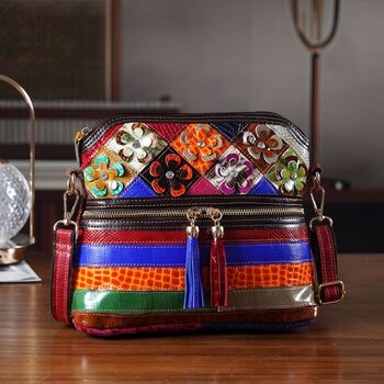 CHAOS BY ELSIE Leder Crossbody Tasche mit RFID Schutz und Rei&szlig;verschlussf&auml;chern 25.5 x 10 x 22 cm Multicolor Blumenmuster