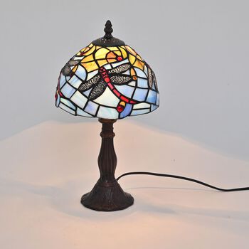 Art-Decor Lampe im Tiffany-Stil mit Buntglas und Aluminium, Handarbeit, E14 Fassung - 25W, 36 cm, weisse Libelle