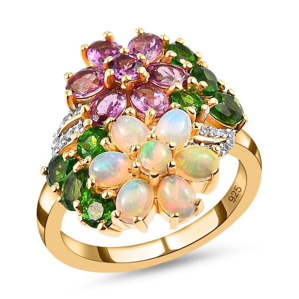 Rhodolith Granat, natürlicher Opal und Chromdiopsid-Ring, 925 Silber vergoldet  ca. 3,24 ct image number 4