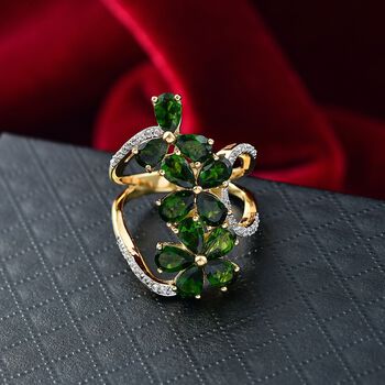 Nat&uuml;rlicher Chromdiopsid, Wei&szlig;er Zirkon Ring 925 Silber 750 Gelbgold Vermeil (Gr&ouml;&szlig;e 17.00) ca. 5.70 ct