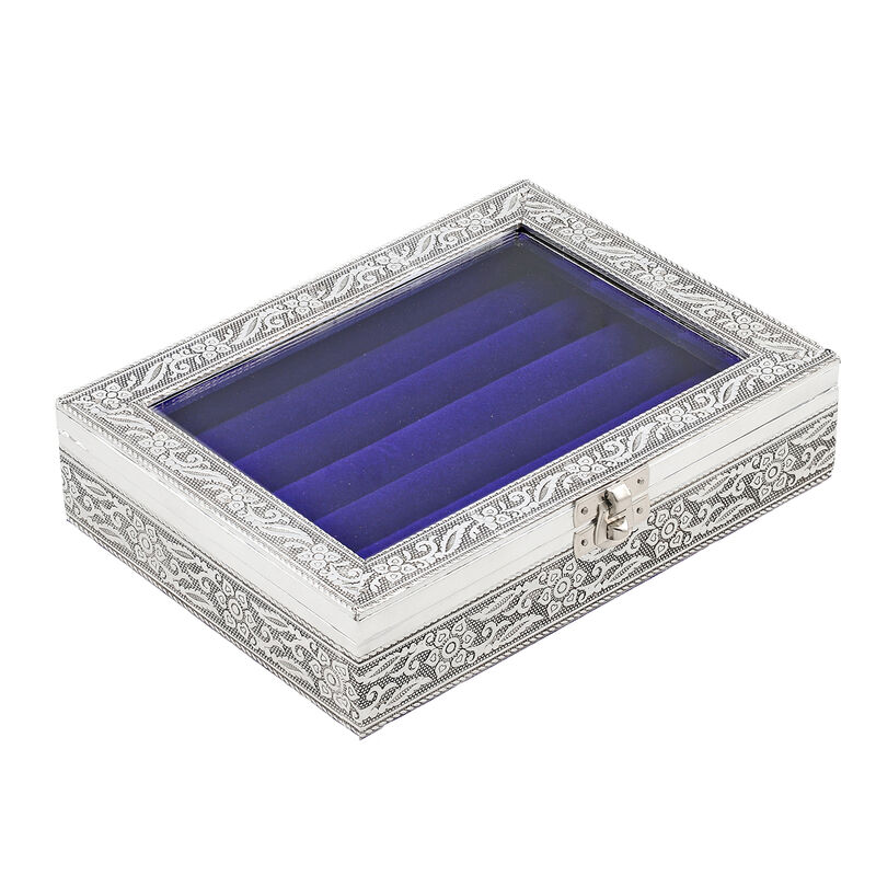 Oxidierte Schmuckbox mit Glasfenster und Blauem Samtfutter image number 0