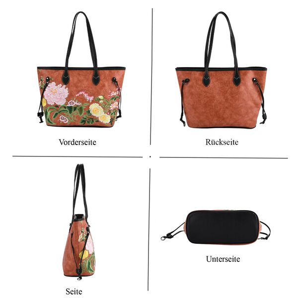 Bestickter Shopper, Kunstleder, Blumen Design, 46 x 15 x 28 cm, Orange image number 5