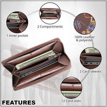 CLOSE OUT - UNION CODE: Echtleder Brieftasche, Blumenmuster, dunkel Cognac