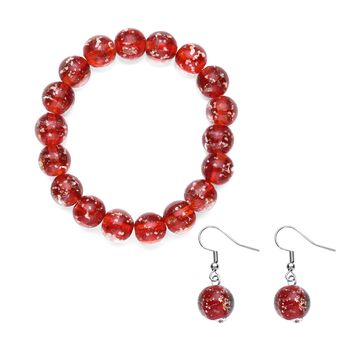 2er Set - Murano-Glasperlen Design, flexibles Armband und Ohrringe, Reiner Edelstahl, Rot