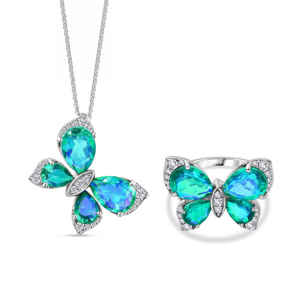 D'Joy Pfau Triplett Quarz und Zirkon Ring und Anh&auml;nger mit 50cm Kette