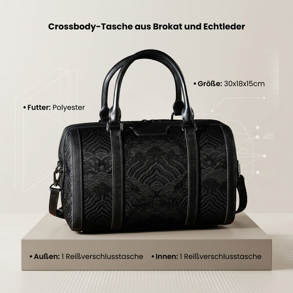 LA MAREY Brokat Crossbody Tasche aus Seide und Echtleder, 30x18x15cm, Schwarz image number 2