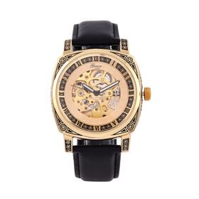 Genoa Time V2 Automatik-Uhr mit Mechanischem Uhrwerk, Goldfarbener Gravur und Schwarzem Lederarmband