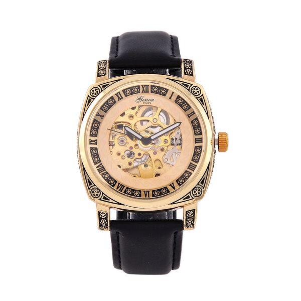 Genoa Time V2 Automatik-Uhr mit Mechanischem Uhrwerk, Goldfarbener Gravur und Schwarzem Lederarmband image number 0
