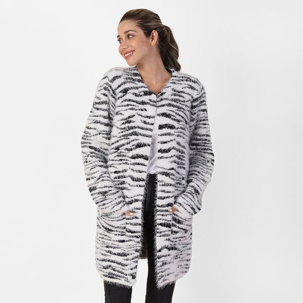 Langer Cardigan mit Taschen und Knopf, gestrickt, Einheitsgr&ouml;&szlig;e Zebra Muster, Beige image number 2