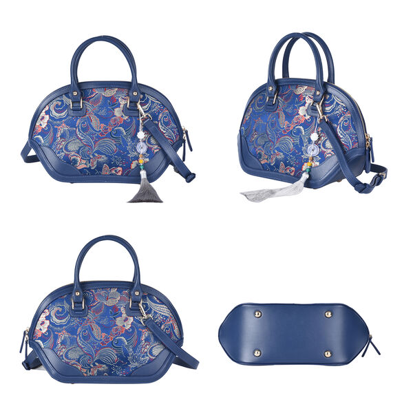 Brokat-Handtasche mit 100% Leder-Griffen, mit Jade-Quaste, florales Muster, Blau image number 3