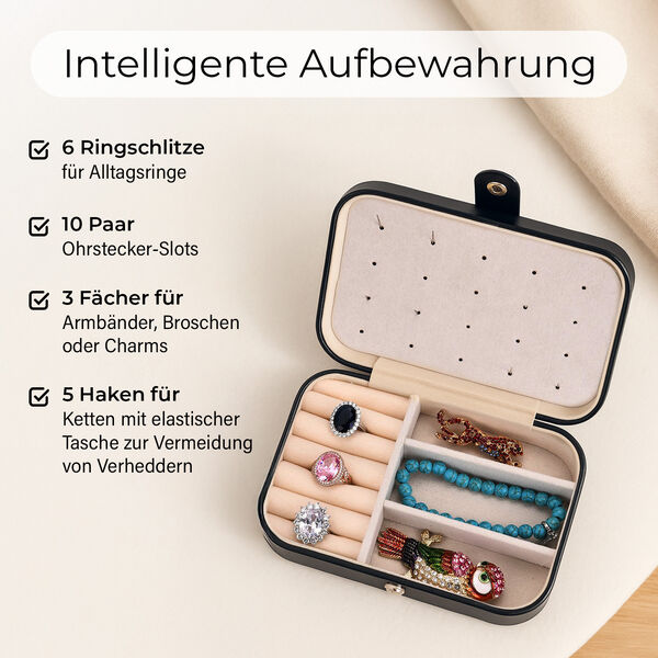 Schmuckbox aus PU-Leder in Schwarz mit Druckknopfverschluss, 16,5x11,5x5,5cm, inkl. 10 Silberputztücher image number 3